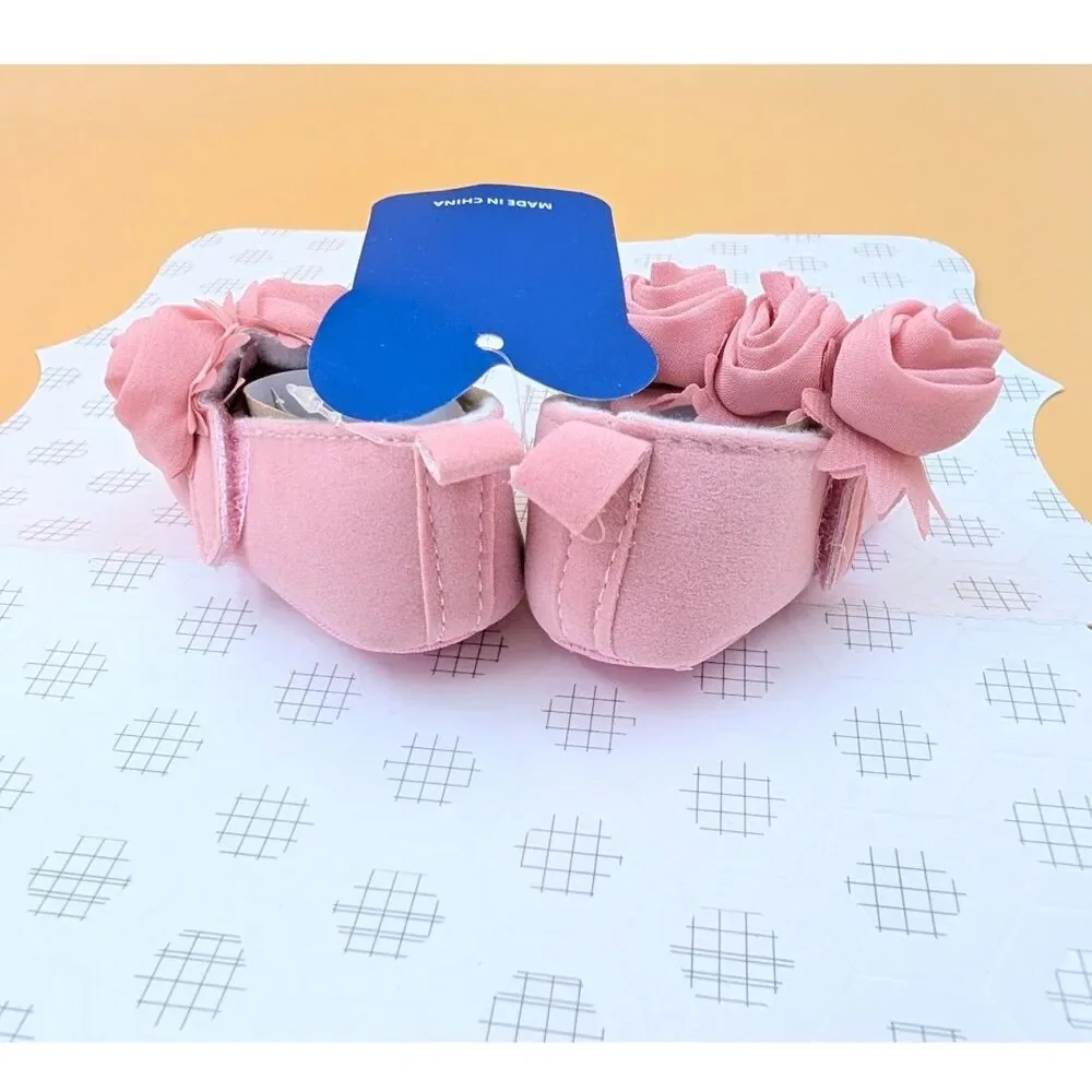 Newborn Baby Girl Pink Mary Jane Crib Dress Shoes Satin Rose Size 1